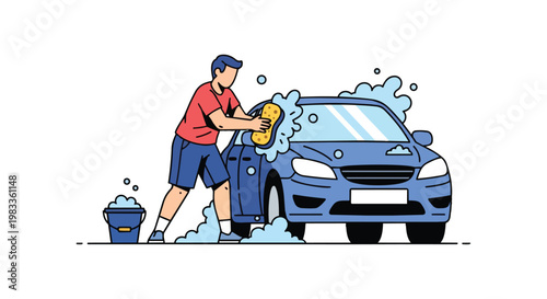 Man Washing Blue Car with Sponge and Soap Suds