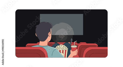 Man watching a movie in a cinema theater with popcorn and soda