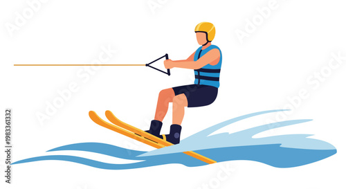 Flat illustration of a man water skiing on the ocean surface