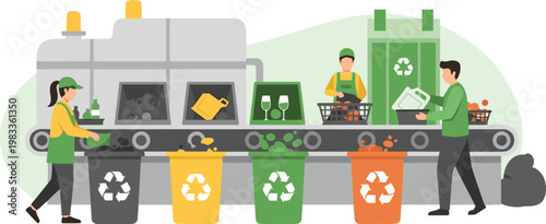 Schilderij op canvas Workers sorting garbage on conveyor belt in recycling factory plant for environmental conservation flat vector illustration isolated on white background