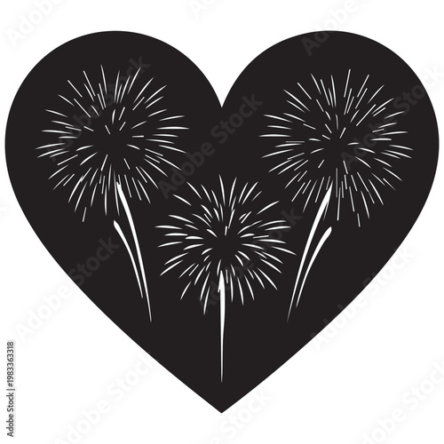 Black heart fireworks, white sparkler illustrations, love Valentine's Day, celebration symbols