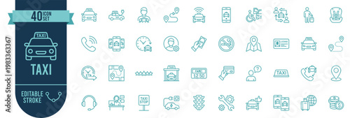 Taxi Icons Set, 40 Line Icons, Cab Service, Driver, Ride Booking, Transportation, Editable Stroke, Vector Icons