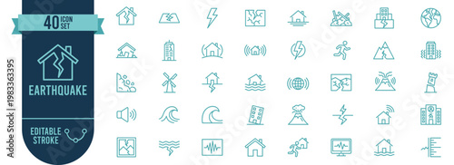 Earthquake Icons Set, 40 Line Icons, Natural Disaster, Seismic, Tsunami, Volcano, Building Damage, Editable Stroke, Vector
