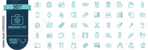 Emergency Kit Icons Set, 50 Line Icons, First Aid, Survival Gear, Safety, Disaster Preparedness, Editable Stroke, Vector
