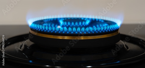 Принти на полотні close-up gas stove burner ignited with blue flames, showcasing the flame pattern