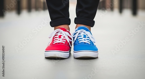 A close-up view of a person's feet wearing mismatched red and blue sneakers, standing on a light-colored ground