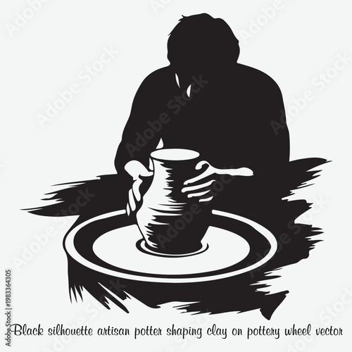 Black silhouette artisan potter shaping clay on pottery wheel vector art Brush