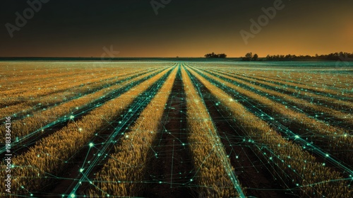 Wallpaper Mural Vibrant Wheat Field with Glowing Data Grid Overlaid, Representing Modern Agriculture Techniques and Digital Farming Innovations Torontodigital.ca