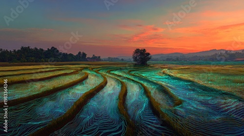 Wallpaper Mural Serene Sunset Over Rice Paddies with Digital Twin Simulation Overlay for Futuristic Landscape Imagery Torontodigital.ca