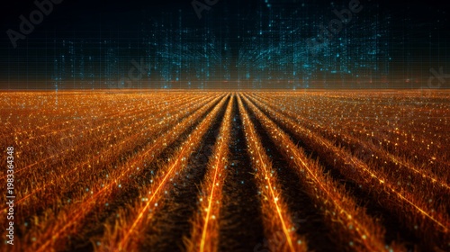 Wallpaper Mural Futuristic Agricultural Landscape with Glowing Wheat Rows and Data Visualization in the Background for Tech and Farming Concepts Torontodigital.ca