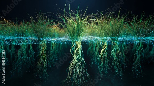 Wallpaper Mural Glowing Roots Visualized Underwater with Nutrient Flow for Botanical Study and Illustrative Purposes Torontodigital.ca