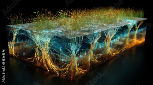 Wallpaper Mural Visualization of Underwater Roots Glowing with Nutrients and Water Flow in a Luminous Environment Torontodigital.ca