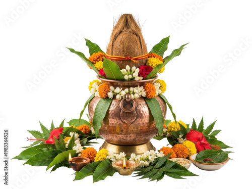 Traditional copper kalash decorated with coconut and marigold flowers for hindu religious rituals isolated on a clean white background