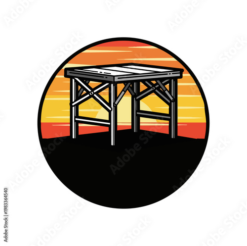 Graphic illustration of a stage platform against sunset backdrop