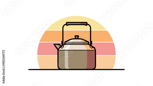 Vintage kettle illustration against sunset background