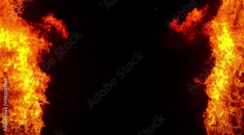 Inferno Flames Border: Raging Orange Fire Wall Against Deep Black Void - Intense Heat Energy Abstract Background