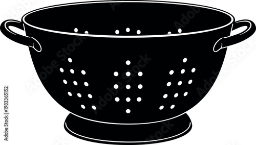 Black Metal Colander Kitchen Utensil with Handle and Perforations