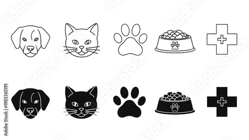 Pet Icons Set Outline and Filled Style Dog Cat Paw Pet Food Veterinary Vector Minimal UI Grid Pack