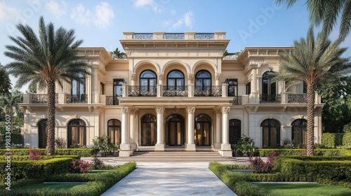 A luxurious villa with columns and palm trees on a sunny day serves as the backdrop for content about luxury property.