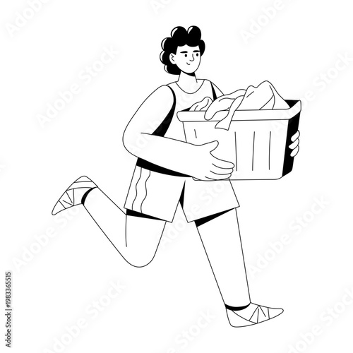A glyph style illustration showing a person holding laundry basket 
