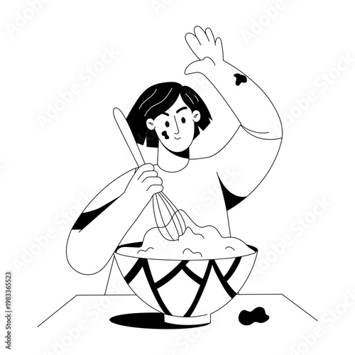A glyph style illustration showing a person mixing batter 
