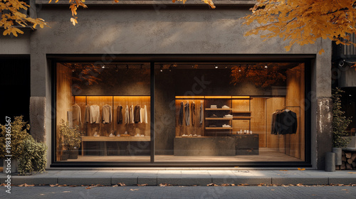This modern shop, with its wooden interior and autumn leaves adorning the façade, provides the perfect backdrop for the world of fashion retail.