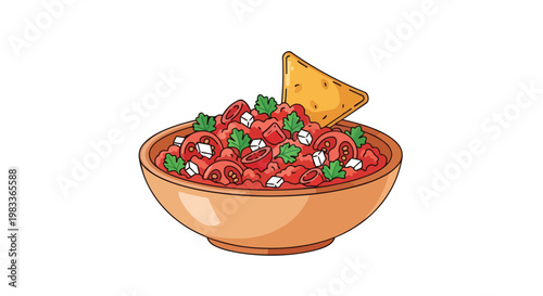 Freshly prepared tomato salsa with cilantro and onion served in a rustic bowl with a tortilla chip