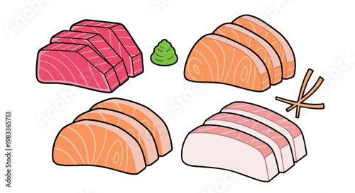 Vibrant Cartoon Illustrations of Fresh Sashimi Slices Including Tuna, Salmon, and Hamachi with Wasabi Garnish