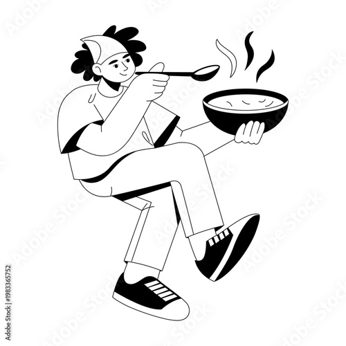 A glyph style illustration showing a person holding soup bowl 