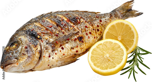 Delicious whole grilled sea bream seasoned with red pepper flakes served with fresh lemon slices and rosemary sprig presenting a healthy seafood meal grilled fish herbs spices