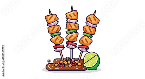 Savory Skewers with Vibrant Vegetables and Zesty Lime Slice in a Charming Cartoon Style