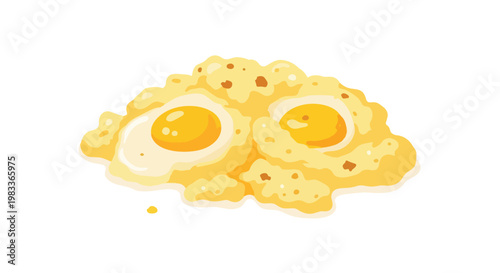 Stylized illustration of a sunny-side-up egg dish with fluffy textures against a white background, perfect for culinary designs and food concepts