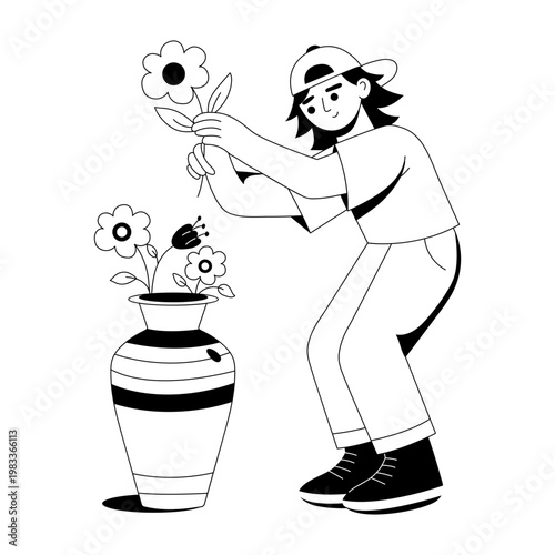 A glyph style illustration showing a person arranging flower 
