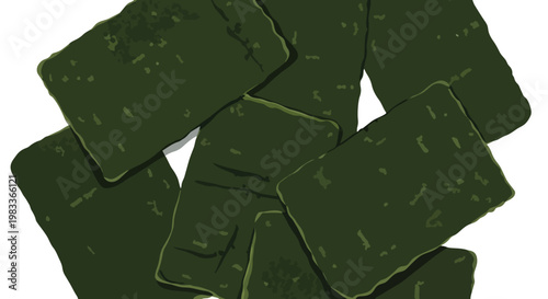 A piled collection of rectangular dark green seaweed snacks arranged in a heap, perfect for healthy eating