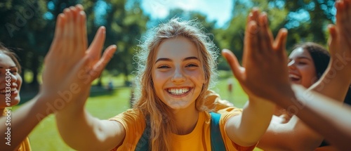 A cheerful girl in a yellow T-shirt, raising her arms high in the air with her friends in the park, embodies the spirit of friendship and is the perfect backdrop  