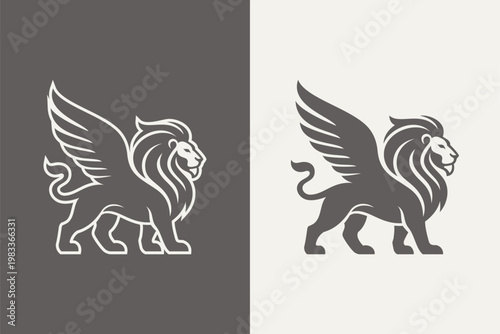 Majestic Winged Lion Vector Logo, Elegant Mythical Beast Mascot Silhouette Icon Design for Premium Brand Identity