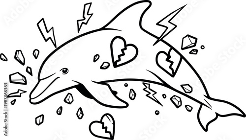 Cute Cartoon Dolphin with Broken Hearts and Lightning Bolts in Simple Line Art Style