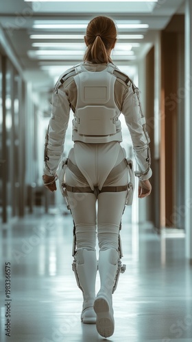 A woman in a white exoskeleton walks down a brightly lit corridor, showcasing innovations and serving as a backdrop for features on the future of medicine and robotics.