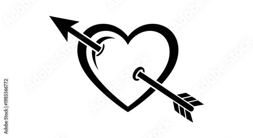 Black and white heart pierced by an arrow symbol on a white background