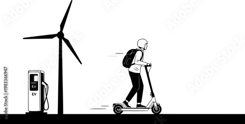 Silhouette vector of modern urban commuter on electric scooter with backpack and sustainable energy infrastructure wind turbine and EV charging station