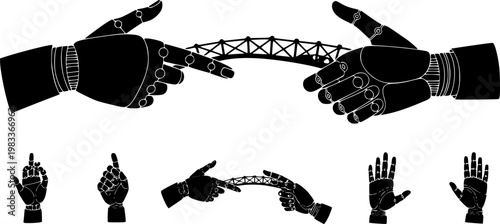 Human and artificial intelligence robot hand handshake silhouette vector representing AI collaboration technology and future innovation partnership