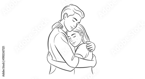 Couple embracing tightly in line art monochrome illustration for graphic design