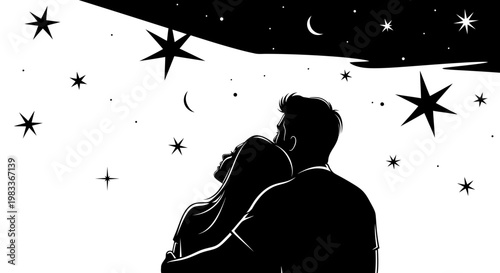 Couple gazing at starry night sky silhouette illustration design