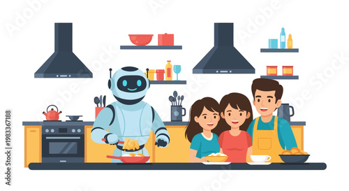Robot cooking with family in kitchen, happy household scene