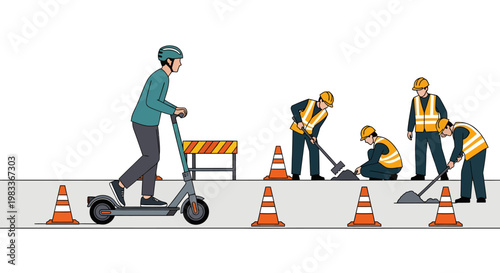Road workers repairing street with cones and e-scooter rider
