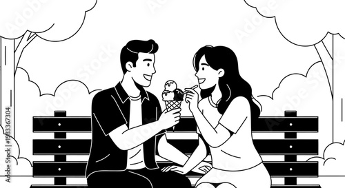 Couple sharing ice cream on park bench black and white vector illustration