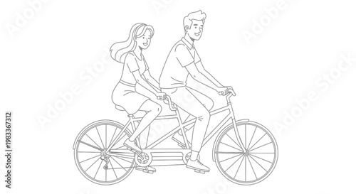 Couple riding tandem bicycle in simple line art isolated on white background
