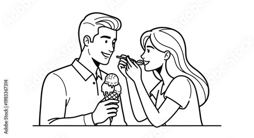 Couple sharing ice cream cone black and white illustration isolated concept