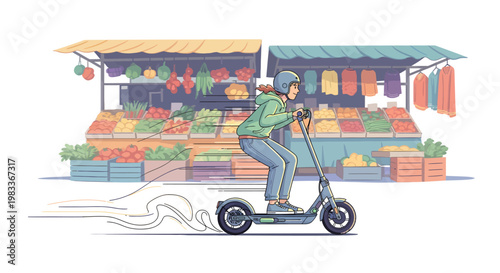 Person riding electric scooter past outdoor market stall