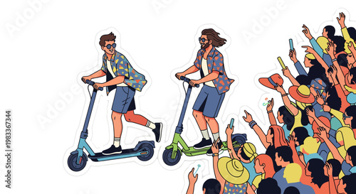 People riding scooters in a crowd of happy festival goers